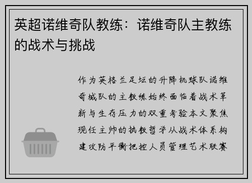 英超诺维奇队教练：诺维奇队主教练的战术与挑战
