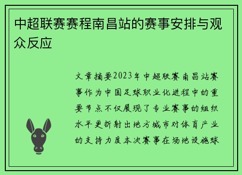 中超联赛赛程南昌站的赛事安排与观众反应