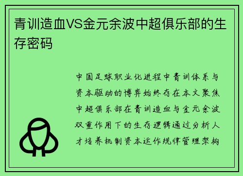 青训造血VS金元余波中超俱乐部的生存密码